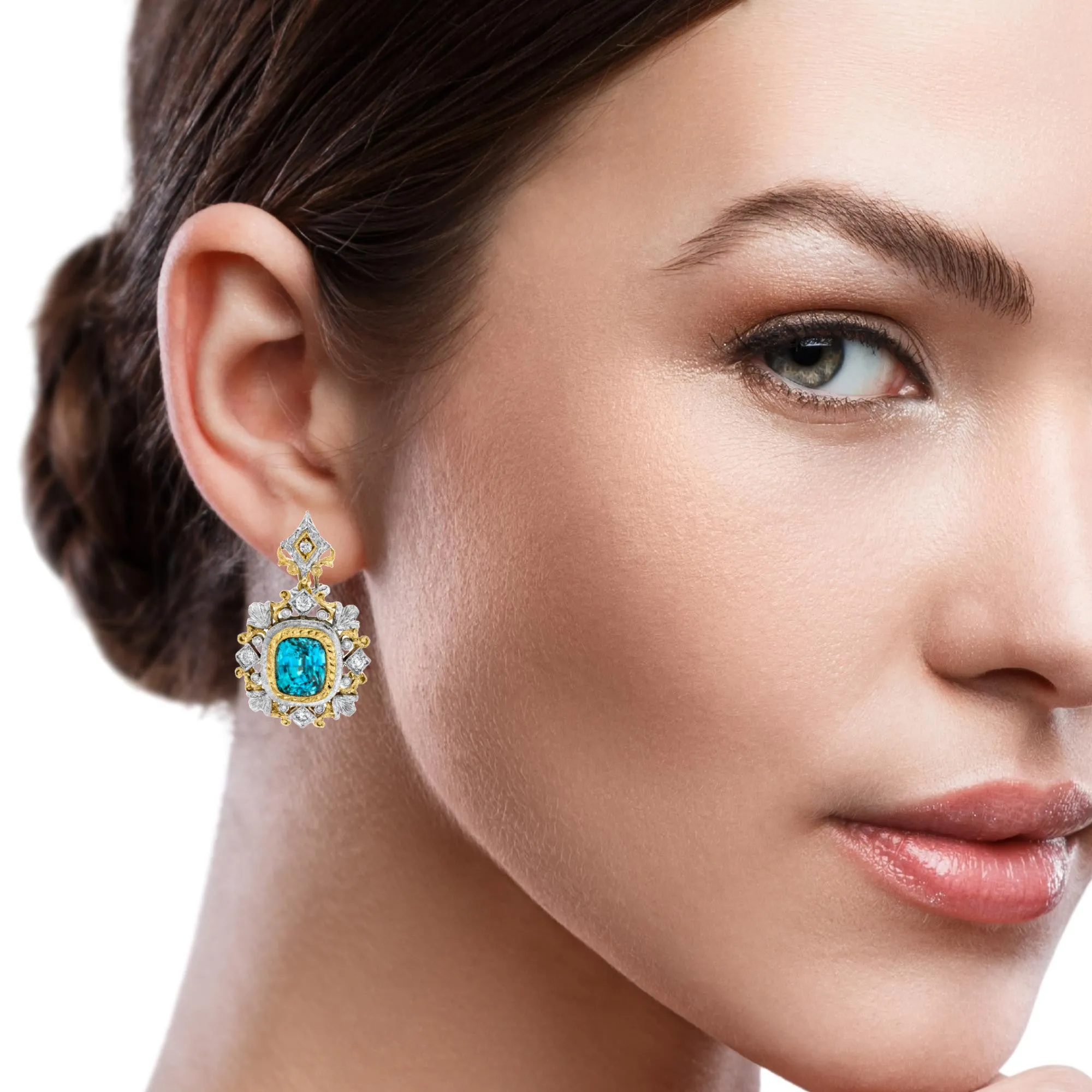 10.60 ct. t.w. Blue Zircon Diamond, Two-Toned Handmade French Clip Drop Earrings