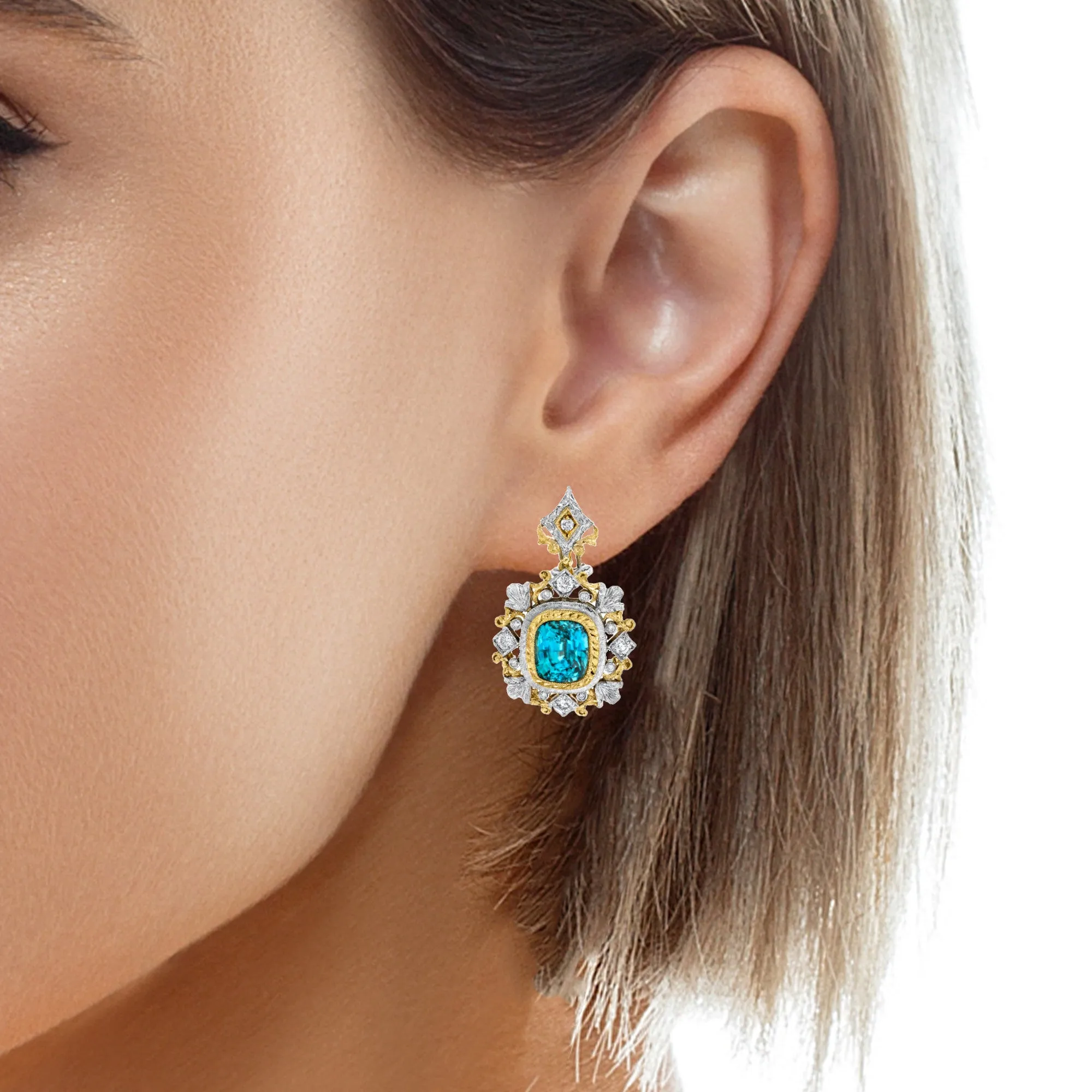 10.60 ct. t.w. Blue Zircon Diamond, Two-Toned Handmade French Clip Drop Earrings