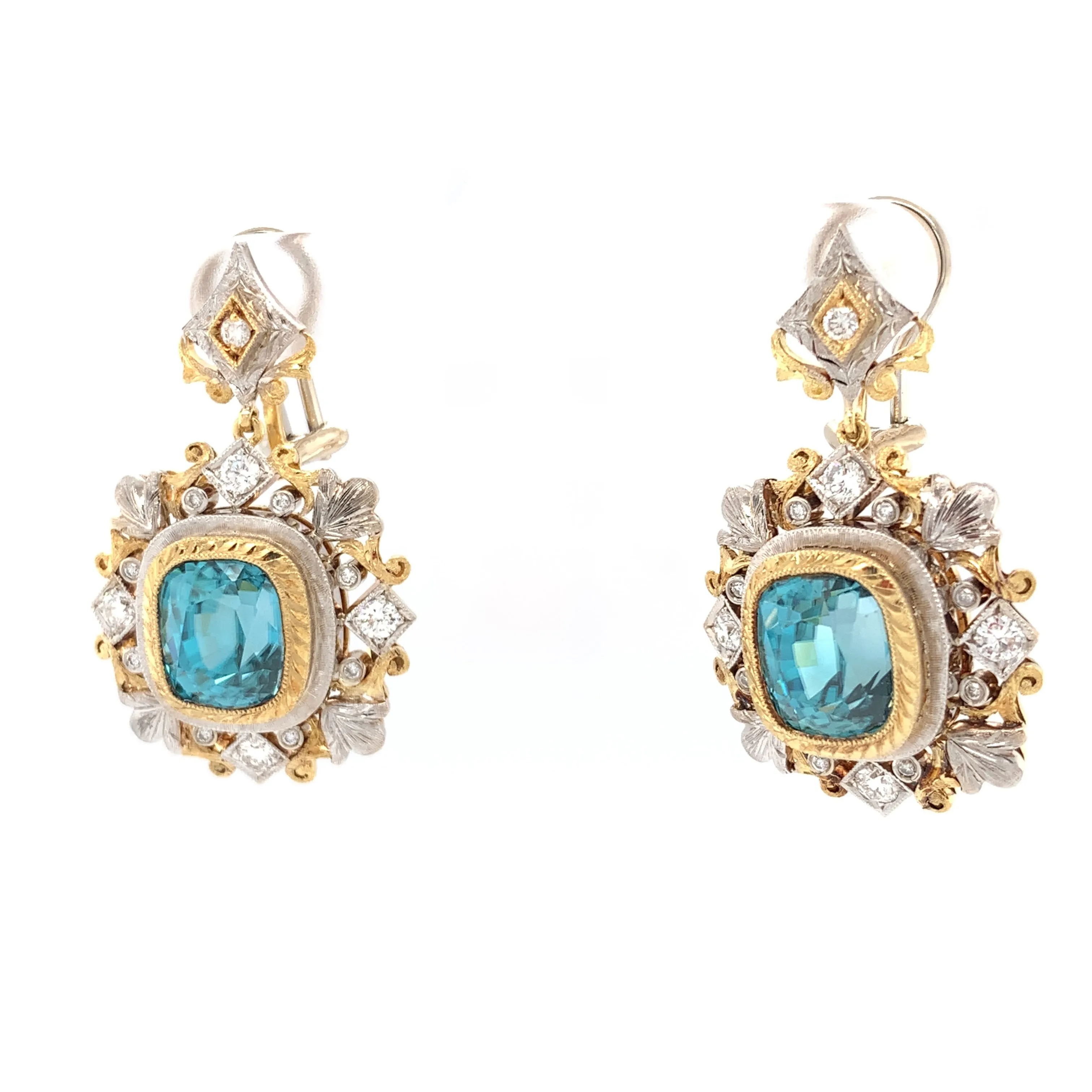 10.60 ct. t.w. Blue Zircon Diamond, Two-Toned Handmade French Clip Drop Earrings