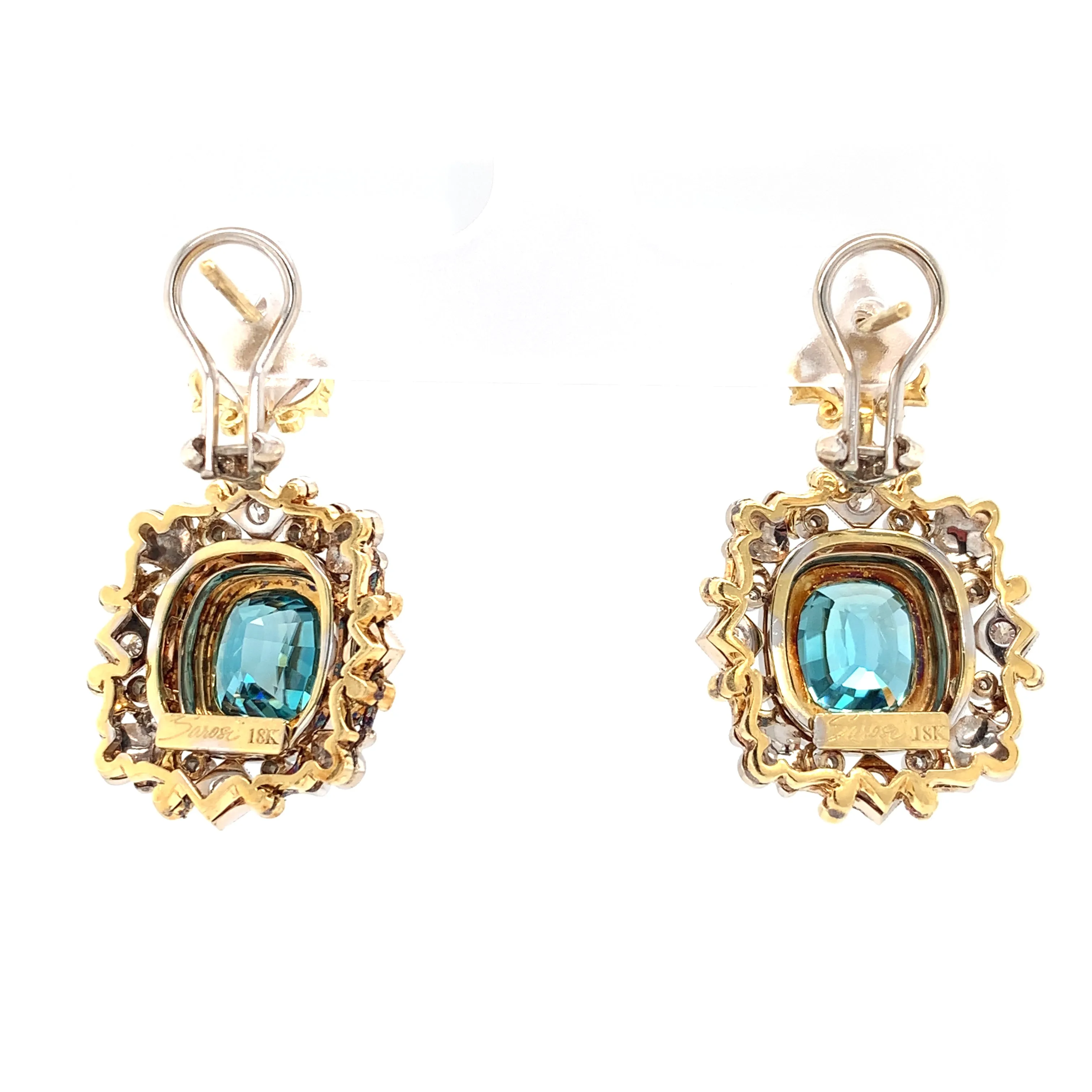 10.60 ct. t.w. Blue Zircon Diamond, Two-Toned Handmade French Clip Drop Earrings