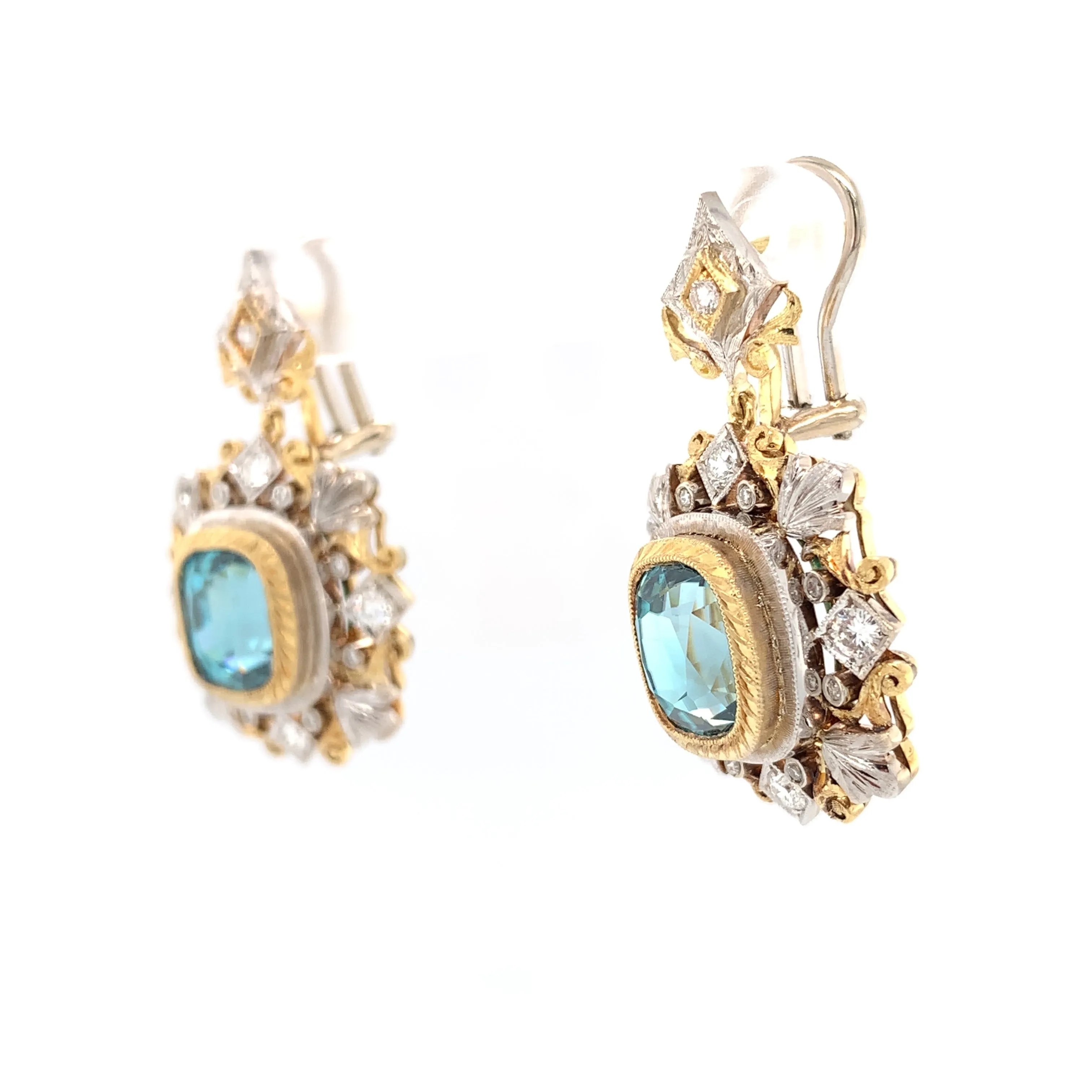 10.60 ct. t.w. Blue Zircon Diamond, Two-Toned Handmade French Clip Drop Earrings
