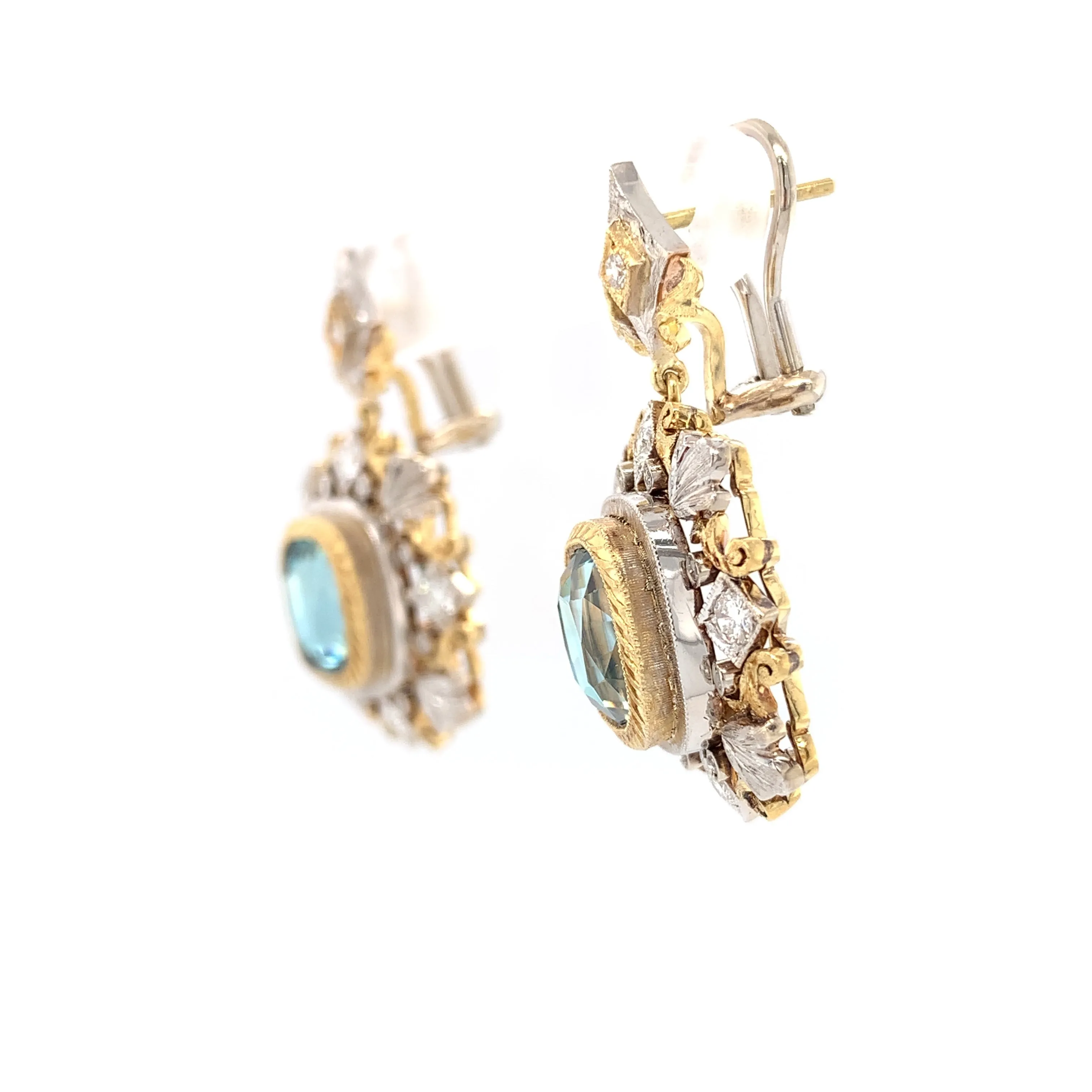 10.60 ct. t.w. Blue Zircon Diamond, Two-Toned Handmade French Clip Drop Earrings