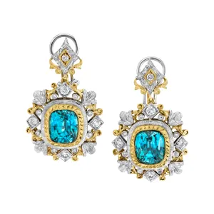 10.60 ct. t.w. Blue Zircon Diamond, Two-Toned Handmade French Clip Drop Earrings