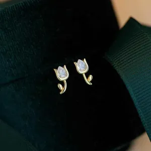 925 Sterling Silver 18k Gold Plated Stud Earrings Charm Jewelry - Tulip Flower - Xm264