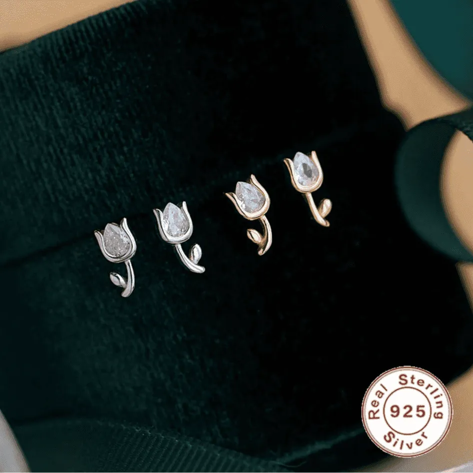 925 Sterling Silver 18k Gold Plated Stud Earrings Charm Jewelry - Tulip Flower - Xm264