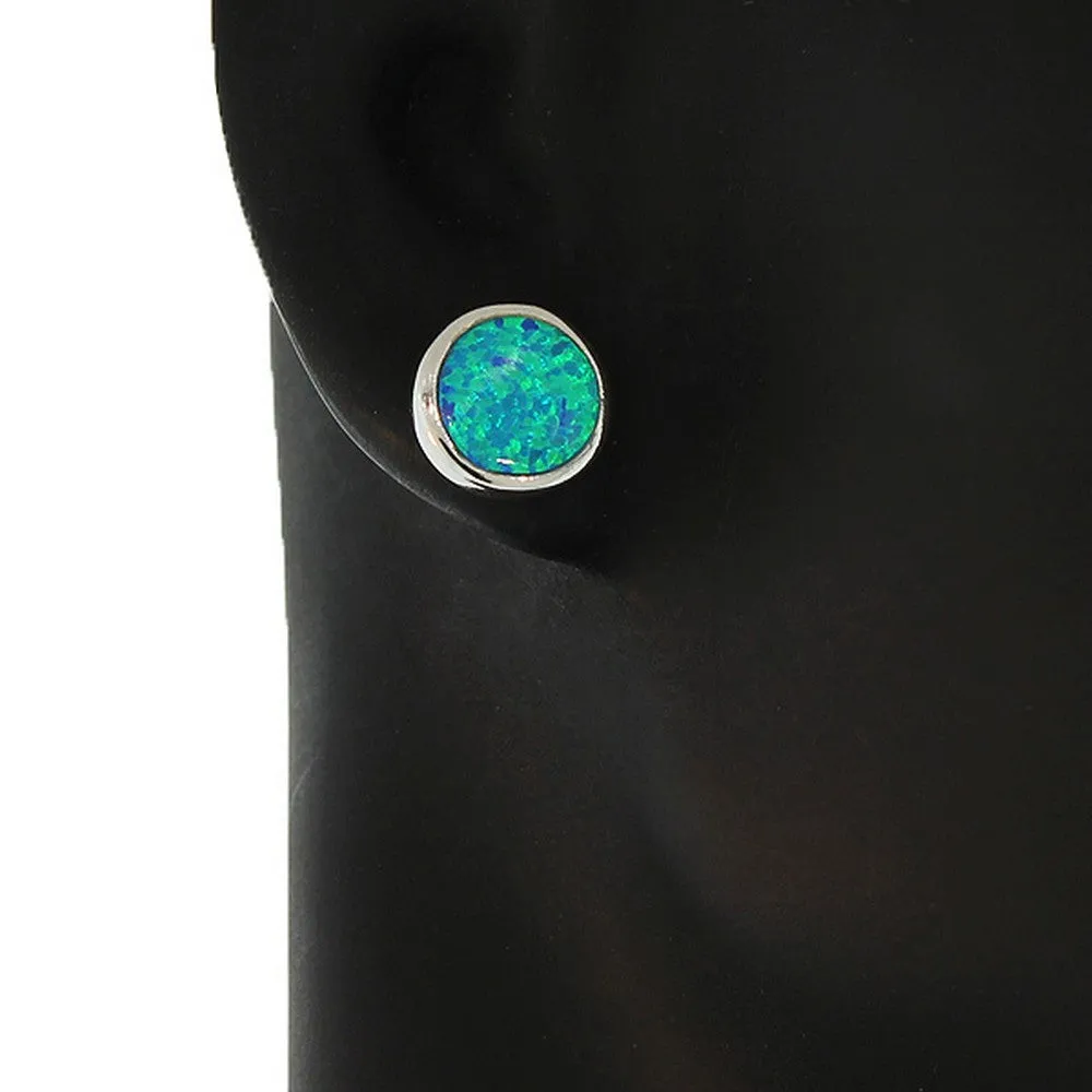 925 Sterling Silver Blue Turquoise-Tone Simulated Simulated Opal Round Stud Earrings