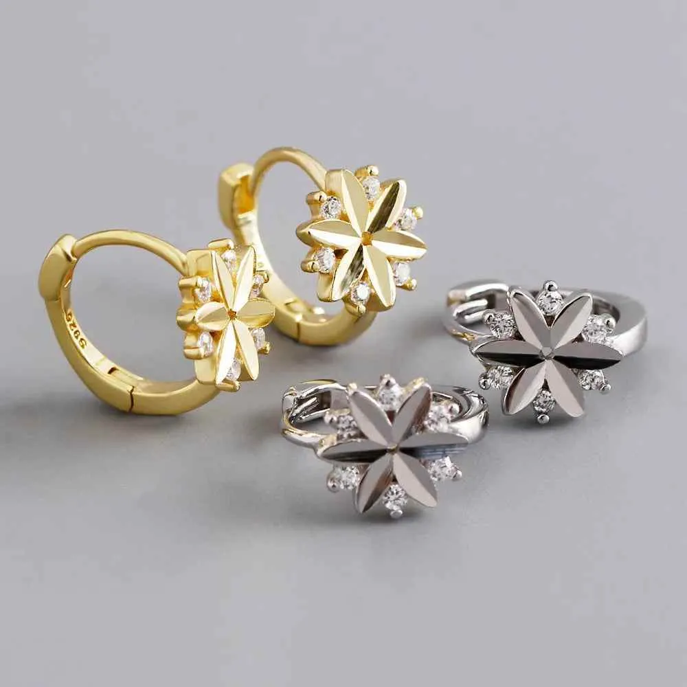 925 Sterling Silver Hoop Earrings Charm Jewelry - Zircon Flower - MD311