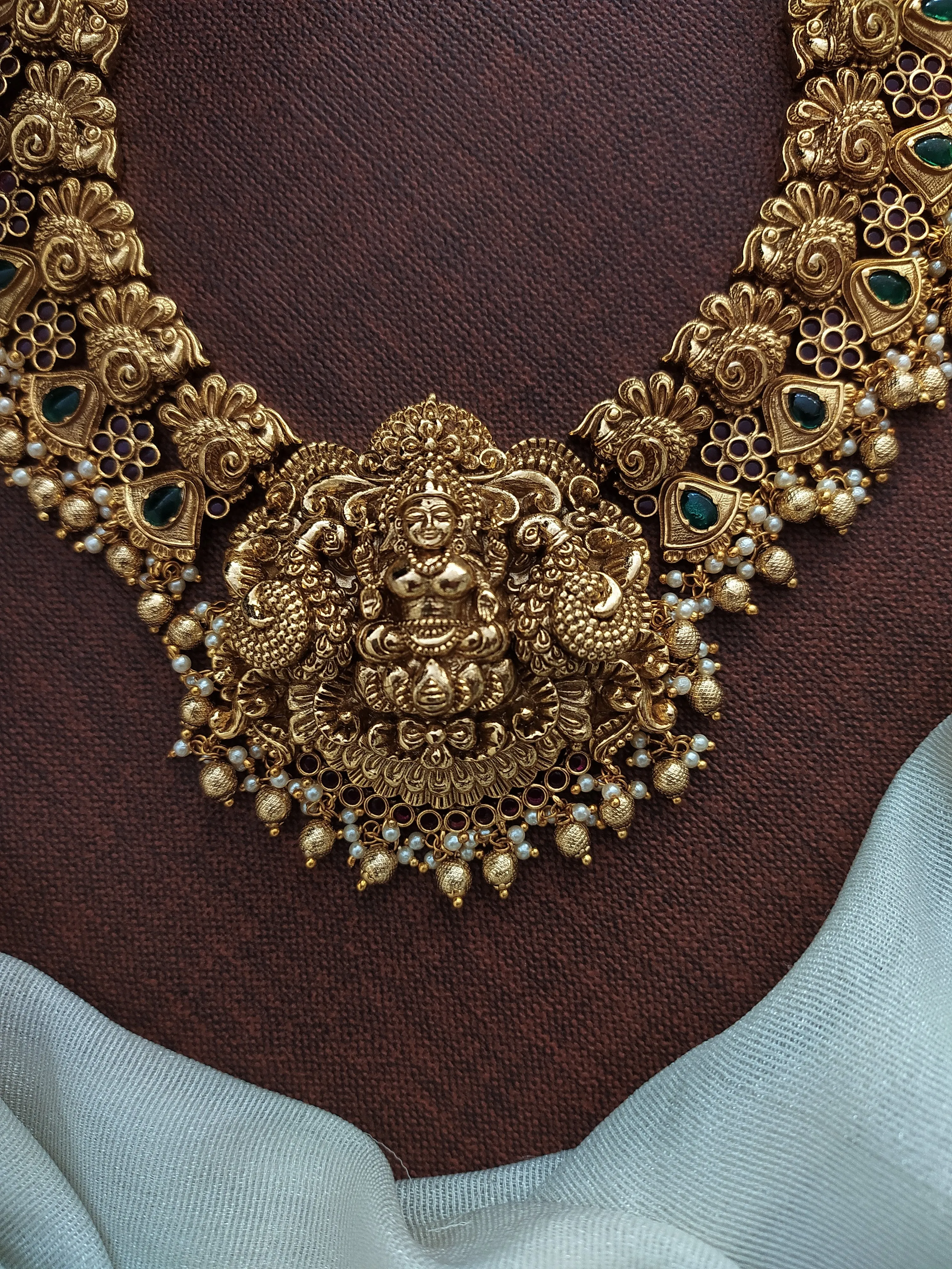 Antique Nakshi Work Lakshmi Necklace Set with Peacock Design