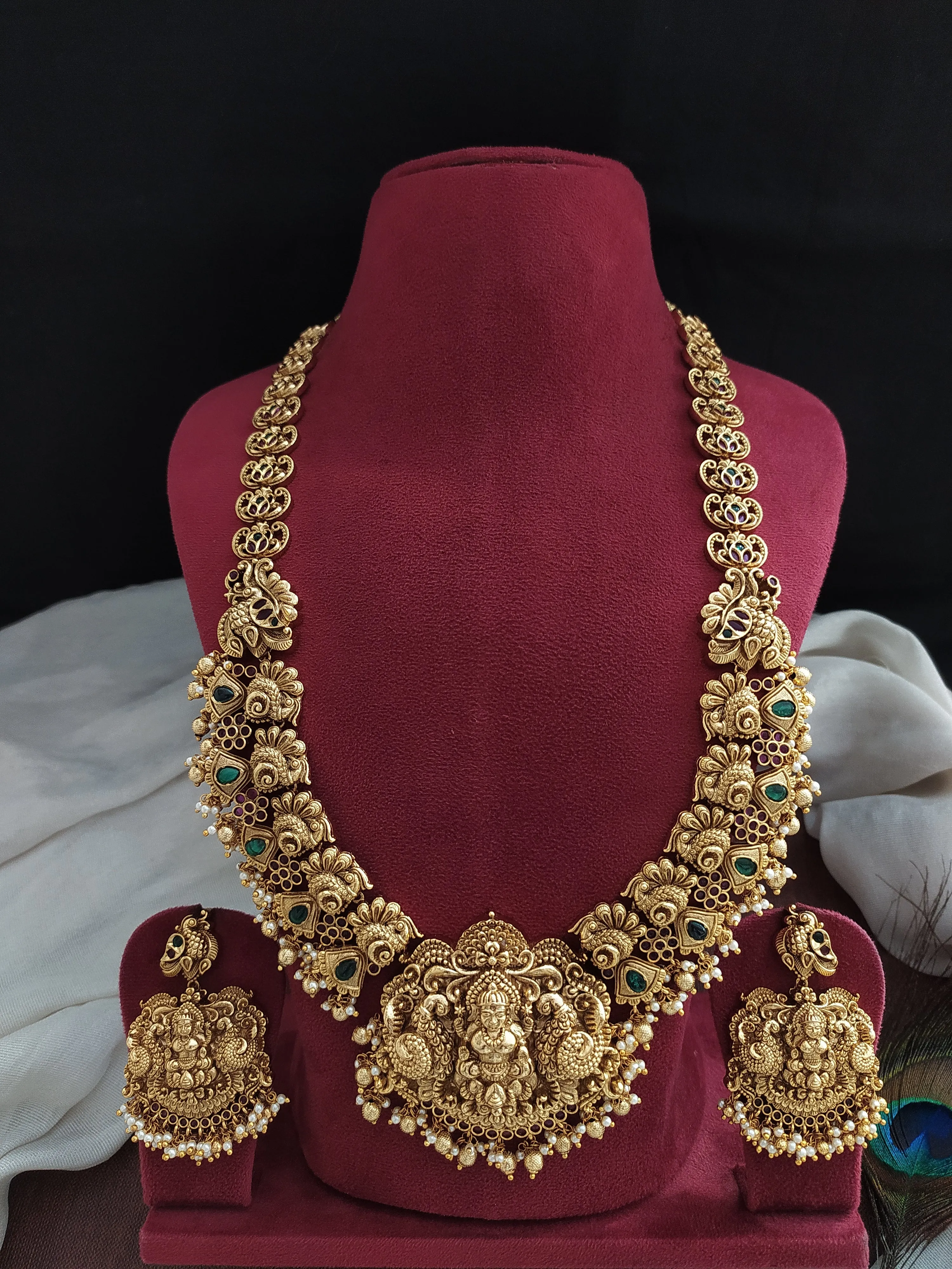 Antique Nakshi Work Lakshmi Necklace Set with Peacock Design