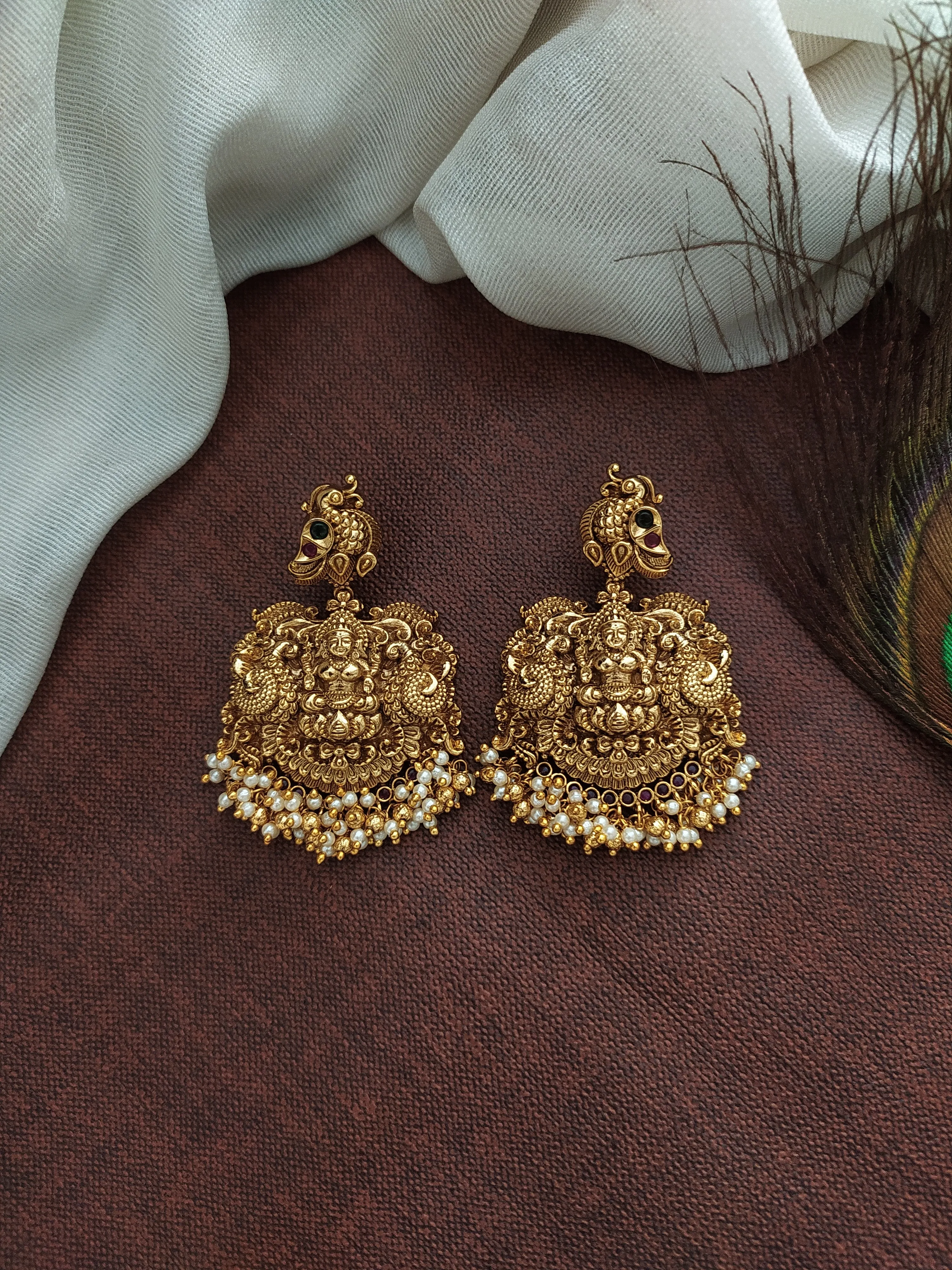 Antique Nakshi Work Lakshmi Necklace Set with Peacock Design