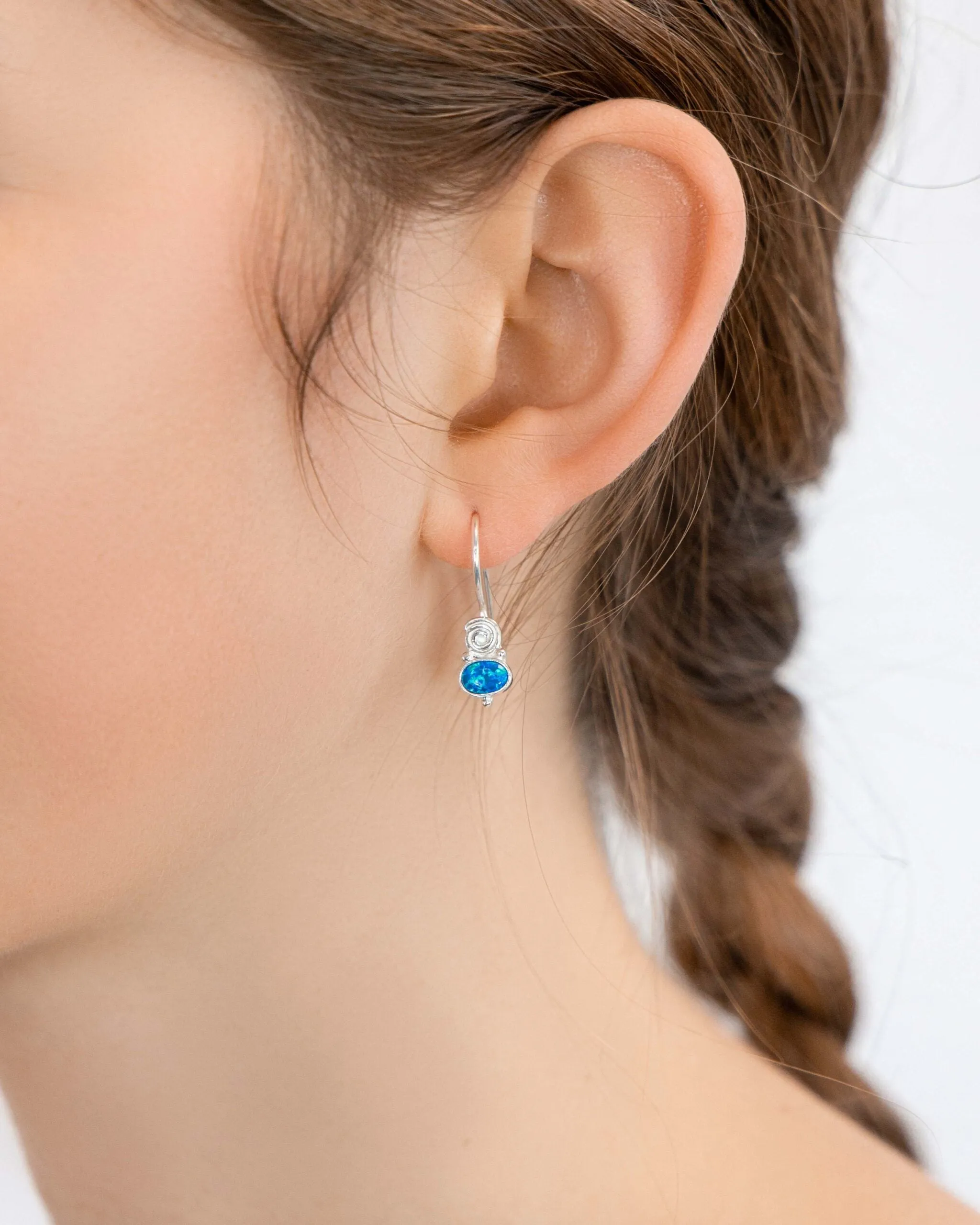 Banyan Blue Opal and Dainty Spiral Detail Silver Earrings
