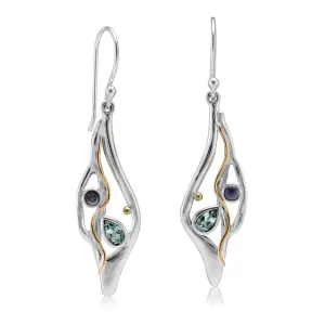 Banyan Organic Silver Drop Earrings with Blue Topaz and Iolite