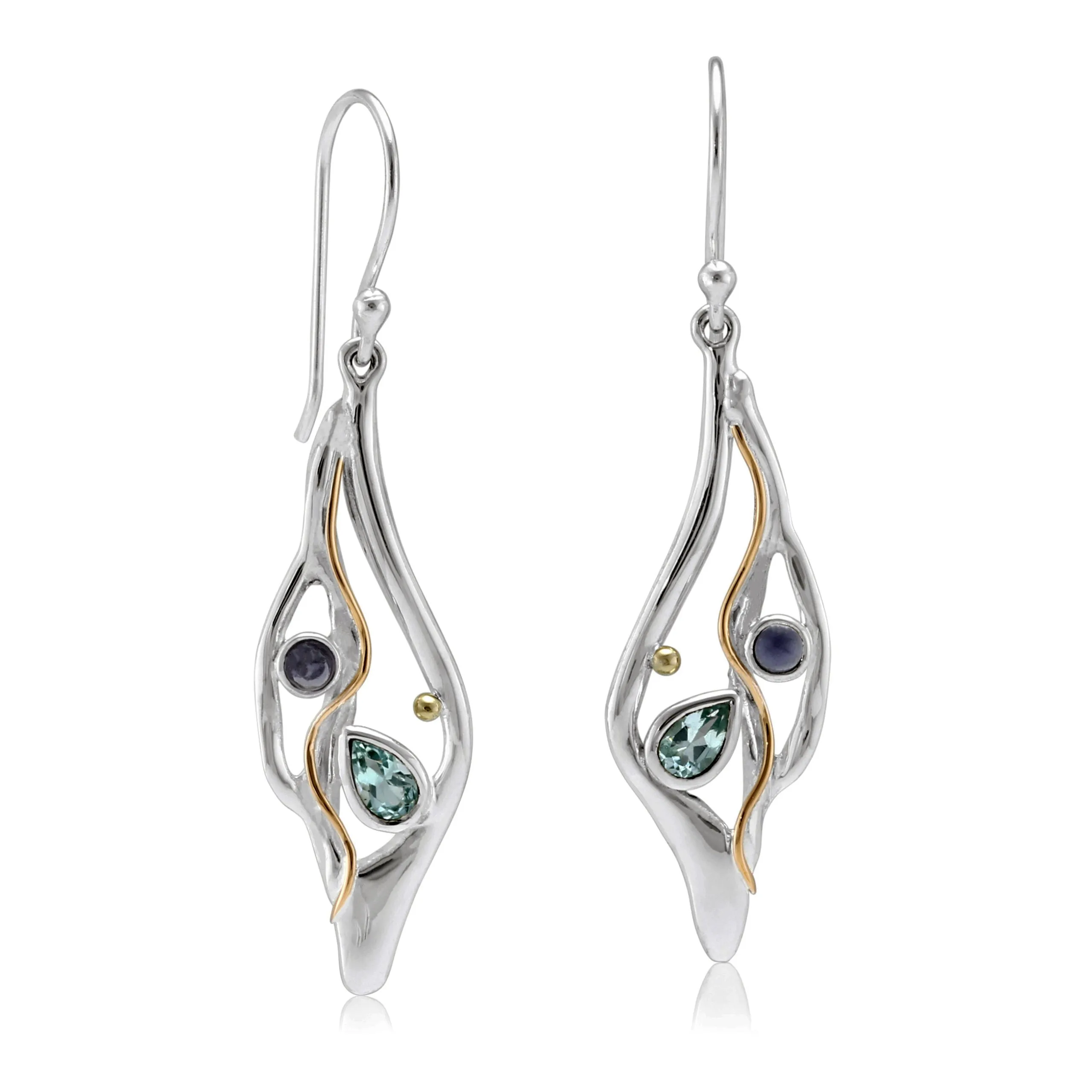 Banyan Organic Silver Drop Earrings with Blue Topaz and Iolite