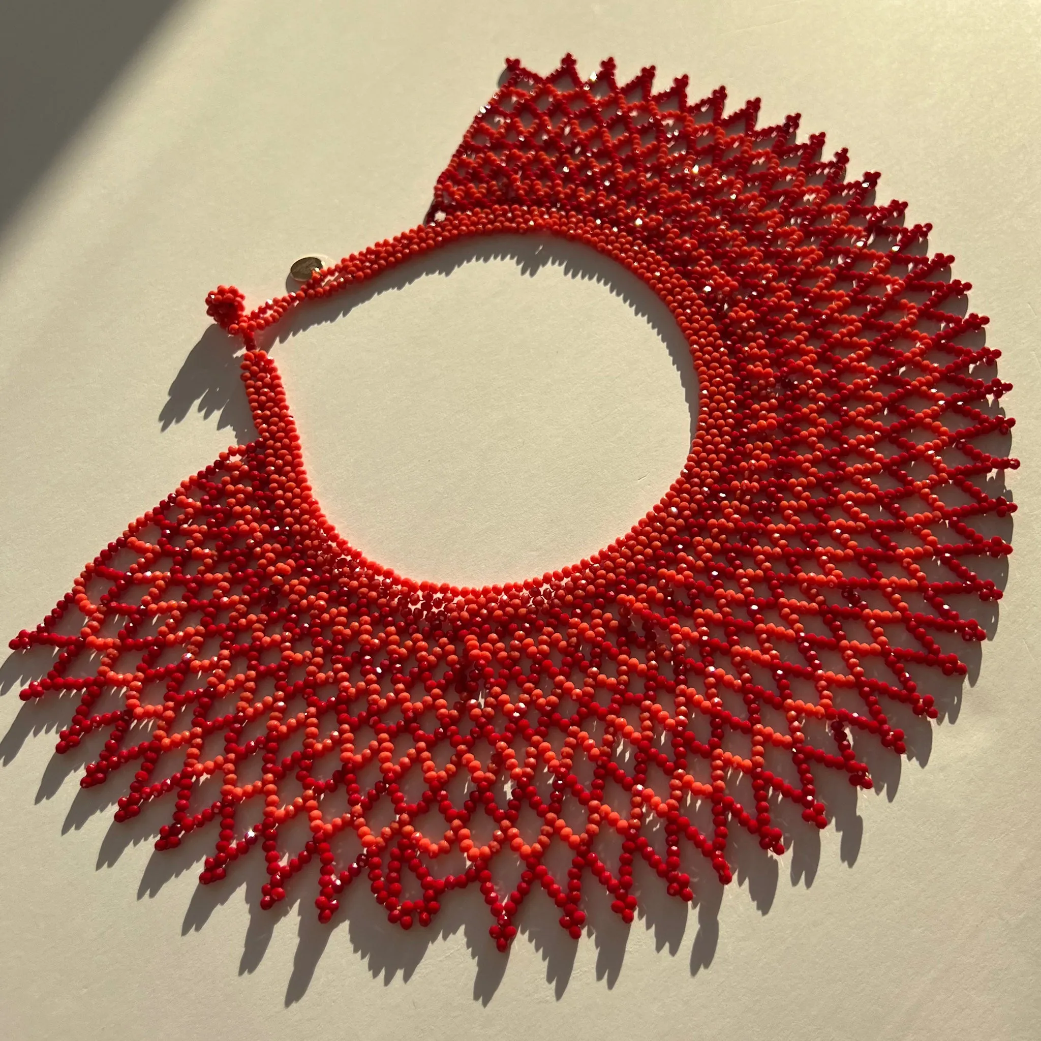 Beaded Collar Necklace - Coral/Red Stripe