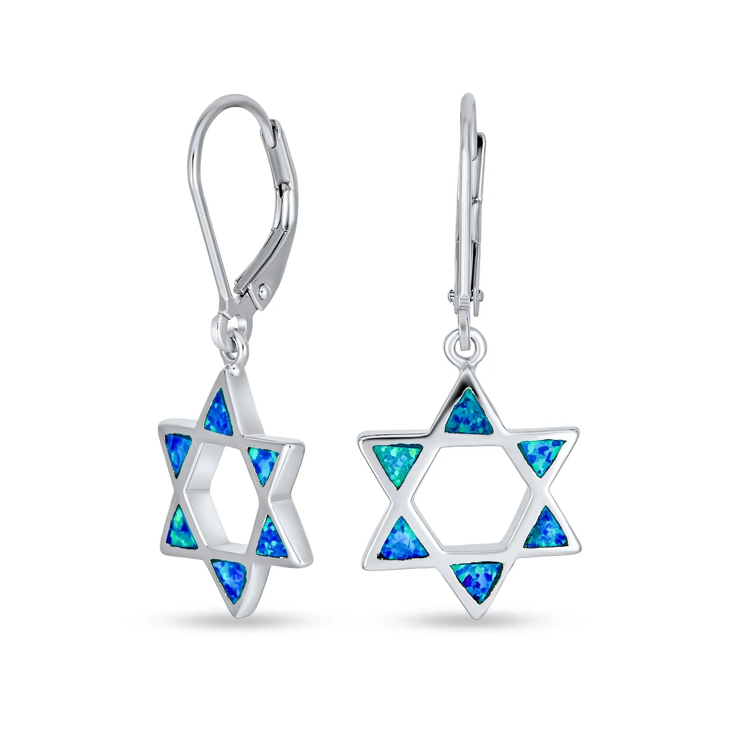 Created Blue Opal Judaica Star of David Dangle Gemstone Earrings Sterling Silver