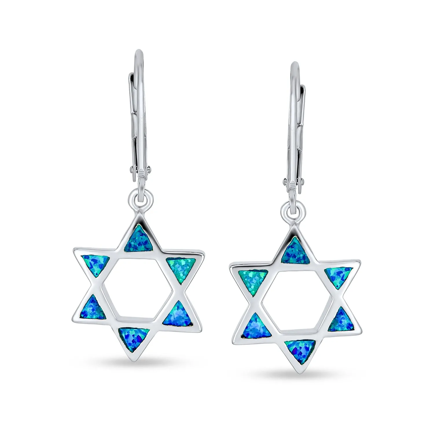 Created Blue Opal Judaica Star of David Dangle Gemstone Earrings Sterling Silver
