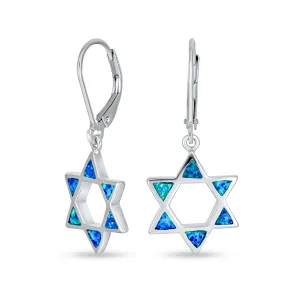 Created Blue Opal Judaica Star of David Dangle Gemstone Earrings Sterling Silver