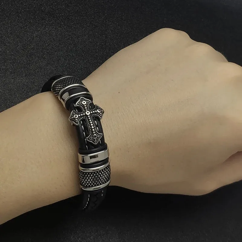 Cross punk leather bracelet