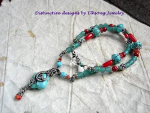 East Meets West Turquoise & Coral Necklace, Sterling Wire Wrap Focal