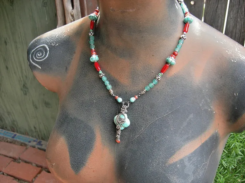 East Meets West Turquoise & Coral Necklace, Sterling Wire Wrap Focal