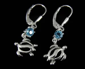 GENUINE BLUE TOPAZ SILVER 925 HAWAIIAN HONU TURTLE LEVERBACK EARRINGS RHODIUM (TP-192)