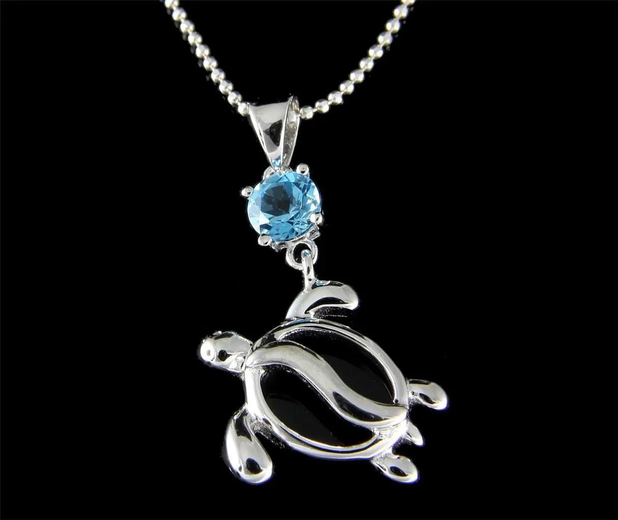 GENUINE BLUE TOPAZ SILVER 925 HAWAIIAN HONU TURTLE PENDANT EARRINGS SET RHODIUM (TP-250)