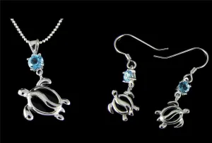 GENUINE BLUE TOPAZ SILVER 925 HAWAIIAN HONU TURTLE PENDANT EARRINGS SET RHODIUM (TP-250)