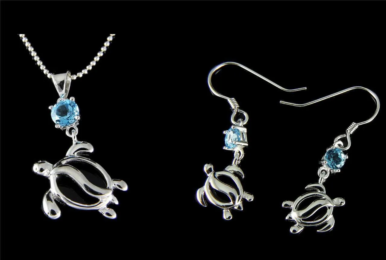 GENUINE BLUE TOPAZ SILVER 925 HAWAIIAN HONU TURTLE PENDANT EARRINGS SET RHODIUM (TP-250)