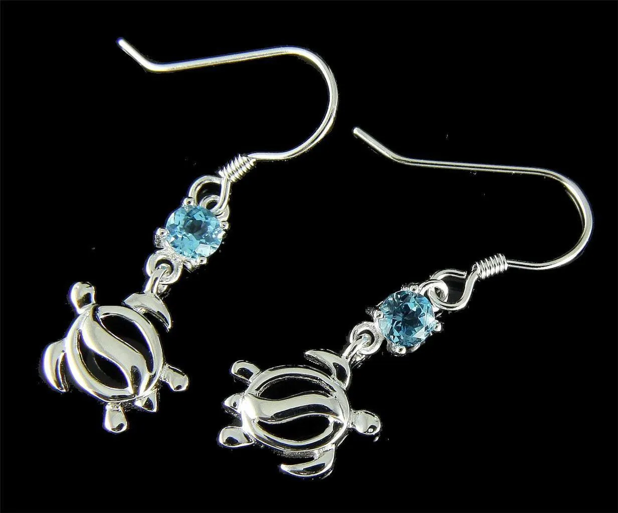 GENUINE BLUE TOPAZ SILVER 925 HAWAIIAN HONU TURTLE PENDANT EARRINGS SET RHODIUM (TP-250)