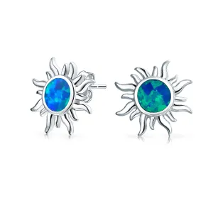 Iridescent Gemstone Sunburst Stud Earrings, Blue Opal, 14K Gold, October Birthstone