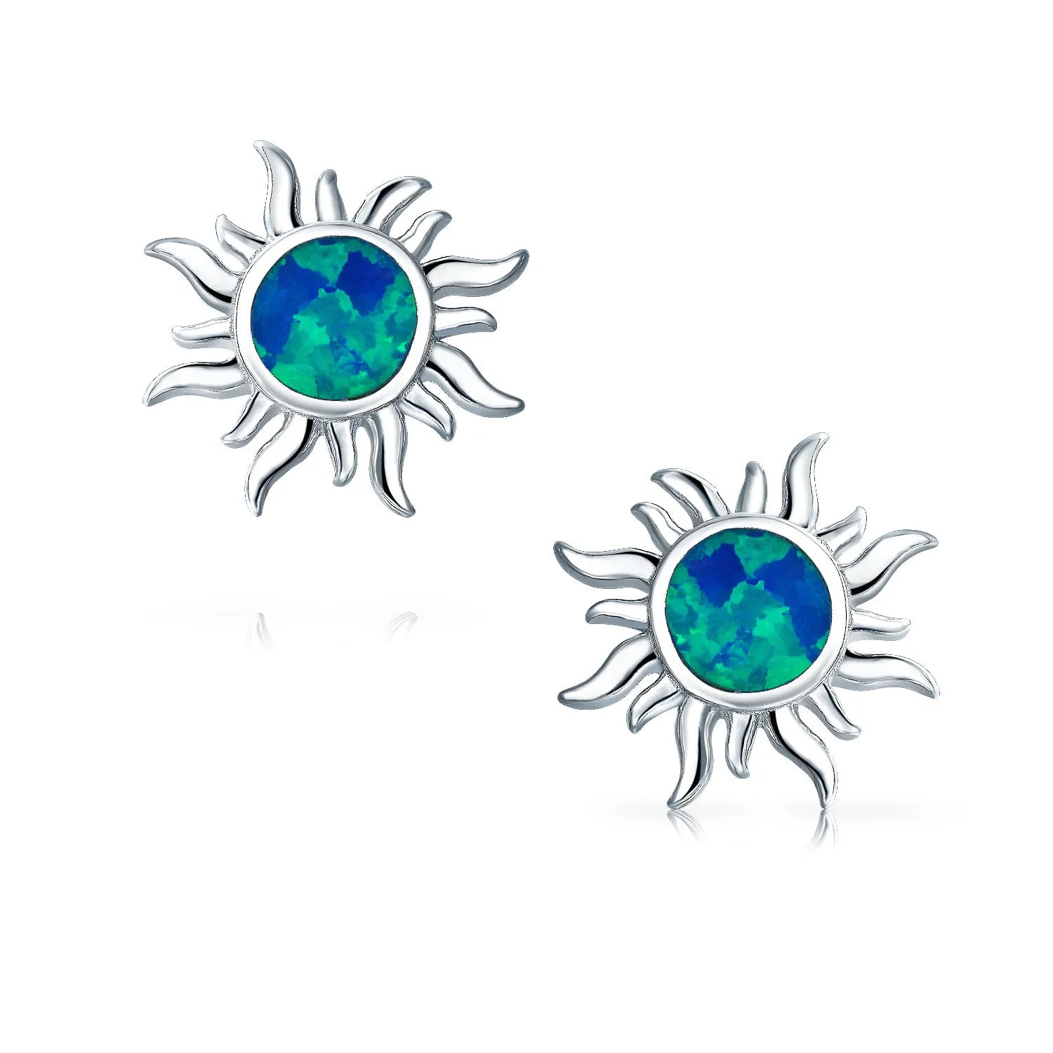 Iridescent Gemstone Sunburst Stud Earrings, Blue Opal, 14K Gold, October Birthstone