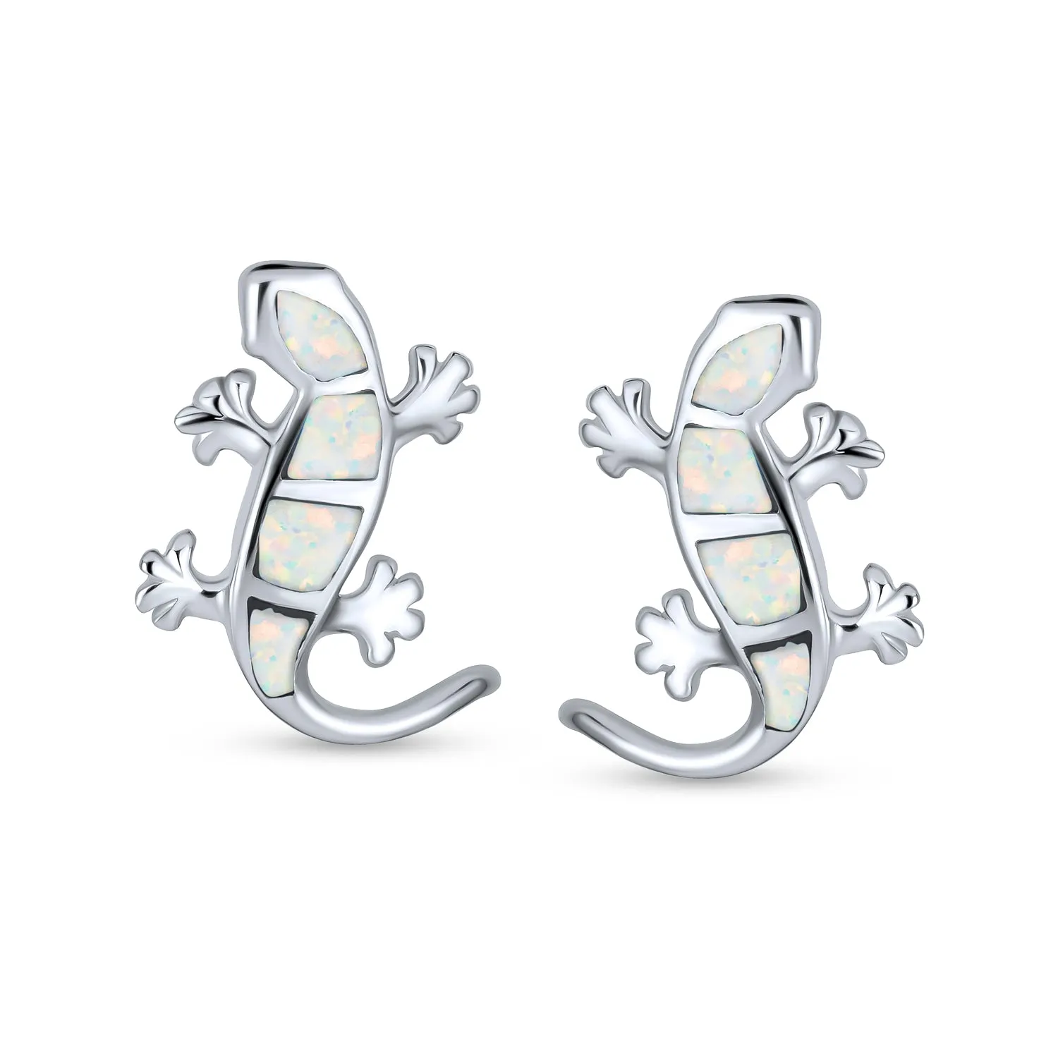 Iridescent Opal Inlay Gecko Lizard Stud Earrings Sterling Silver Birthstone