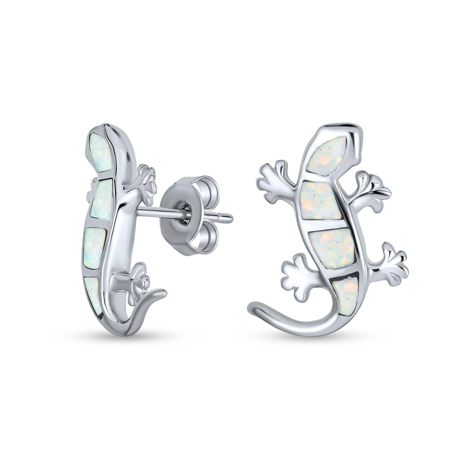 Iridescent Opal Inlay Gecko Lizard Stud Earrings Sterling Silver Birthstone