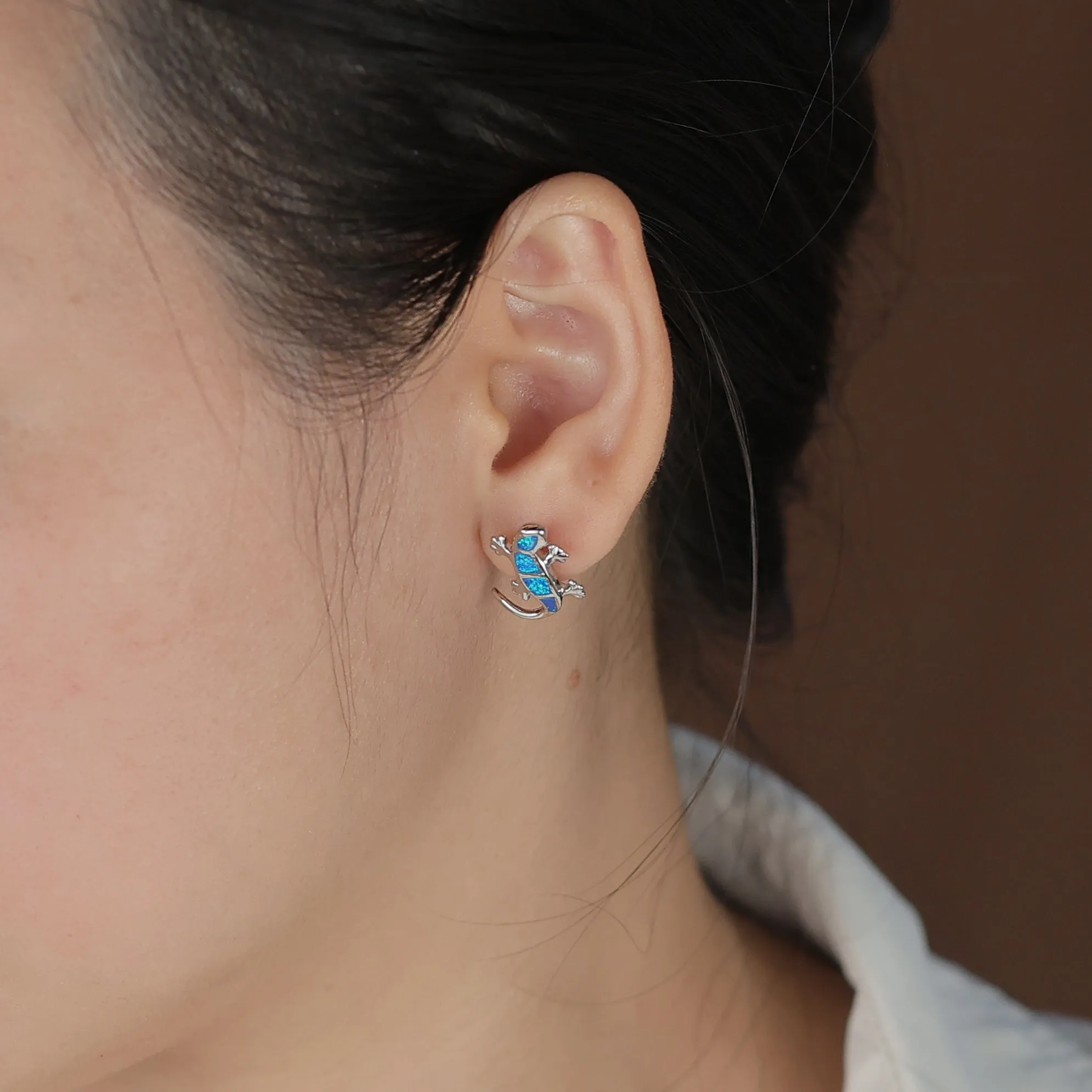 Iridescent Opal Inlay Gecko Lizard Stud Earrings Sterling Silver Birthstone