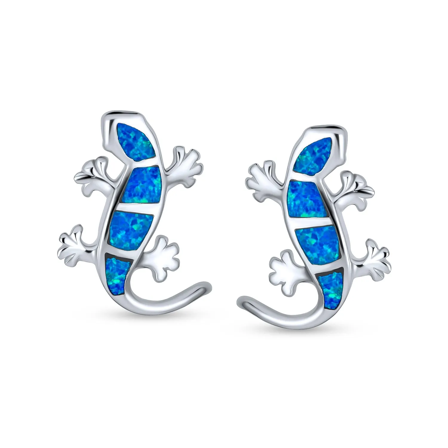 Iridescent Opal Inlay Gecko Lizard Stud Earrings Sterling Silver Birthstone