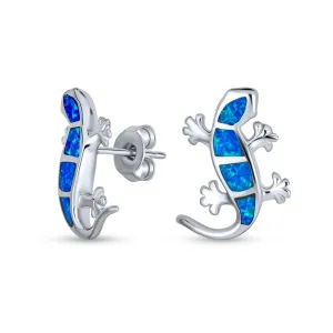 Iridescent Opal Inlay Gecko Lizard Stud Earrings Sterling Silver Birthstone