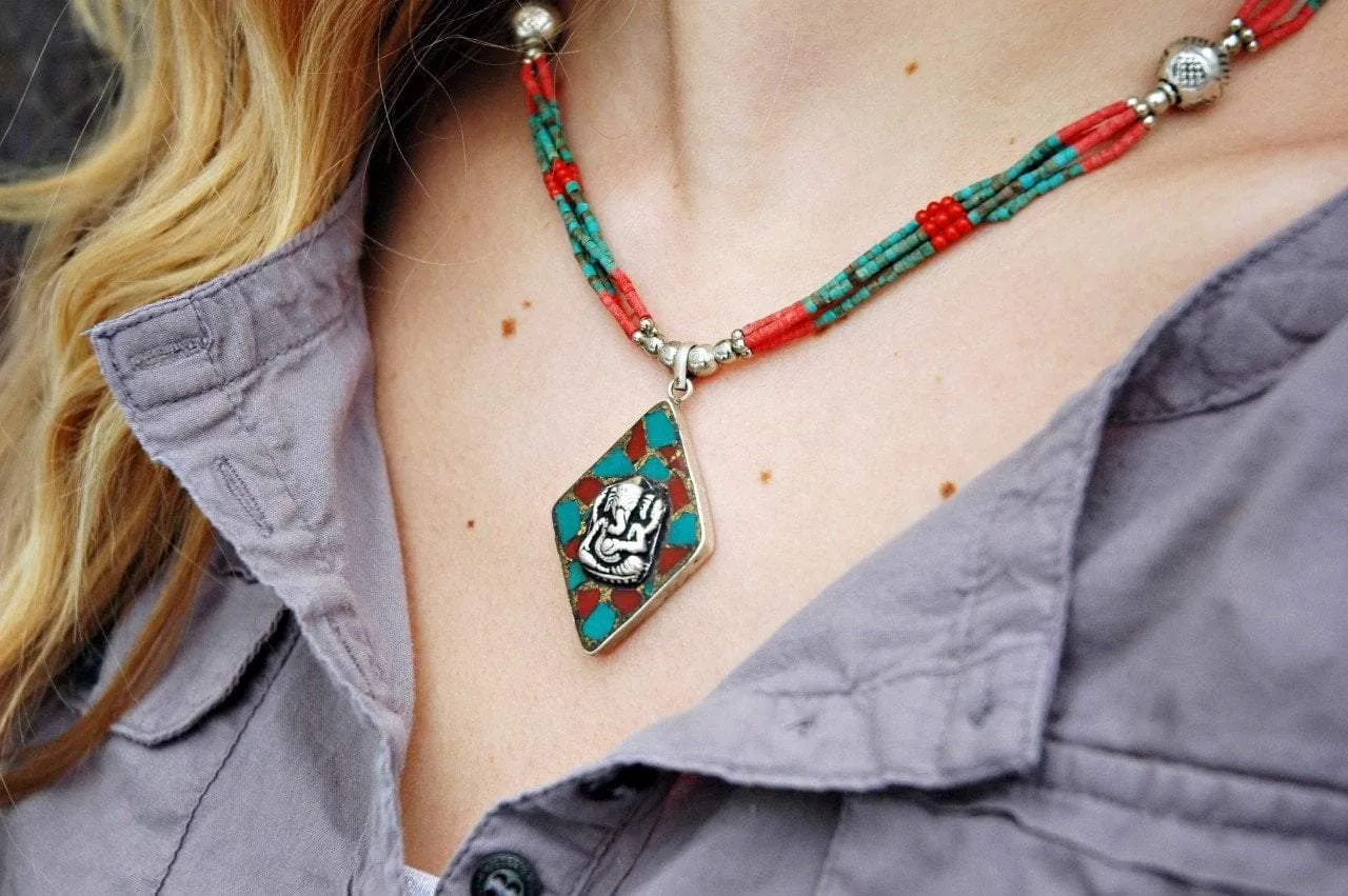 One of a Kind Ganesha Coral and Turquoise Necklace