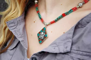 One of a Kind Ganesha Coral and Turquoise Necklace