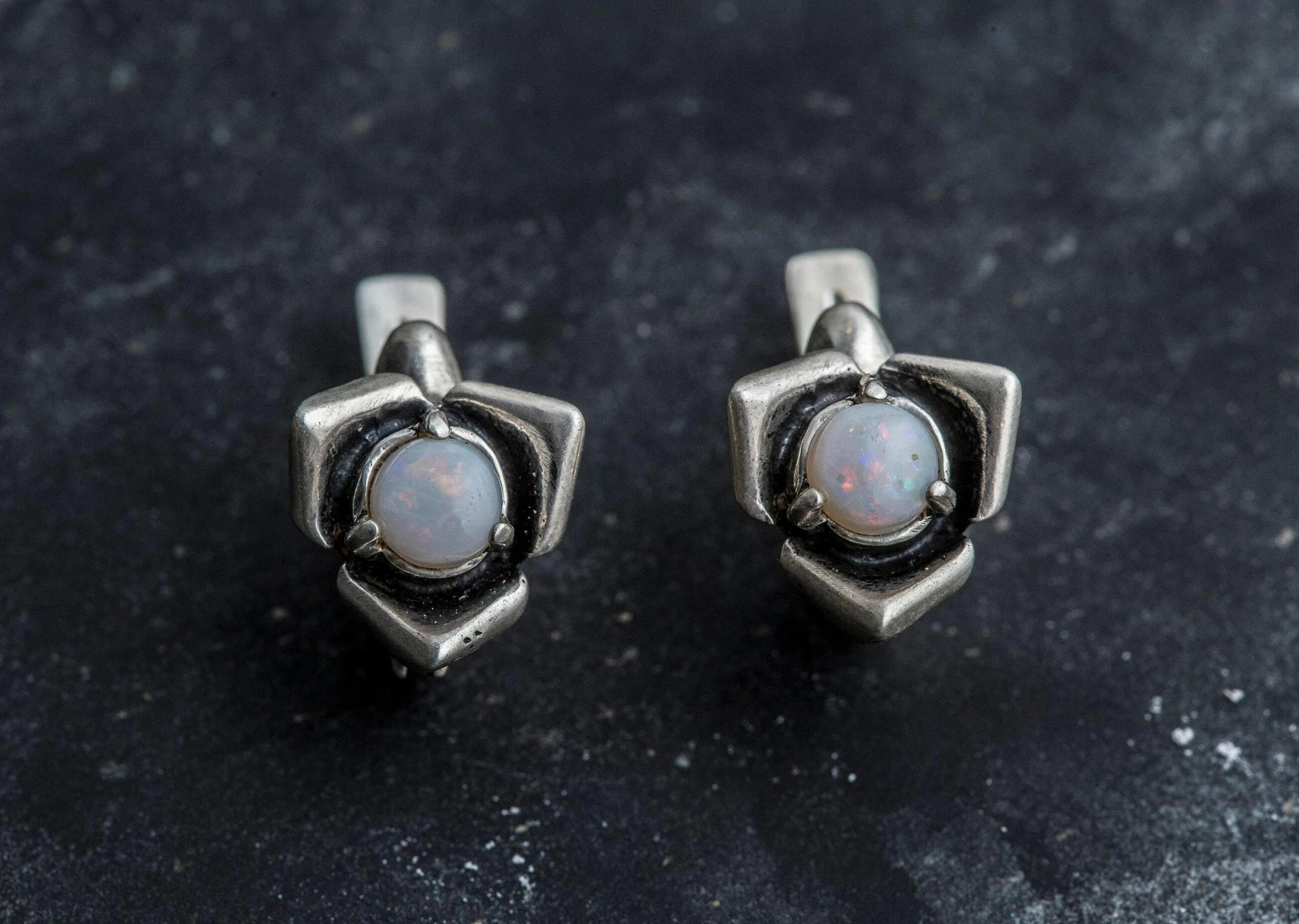 Opal Dainty Earrings - Flower Silver Studs - Rose Opal Earrings