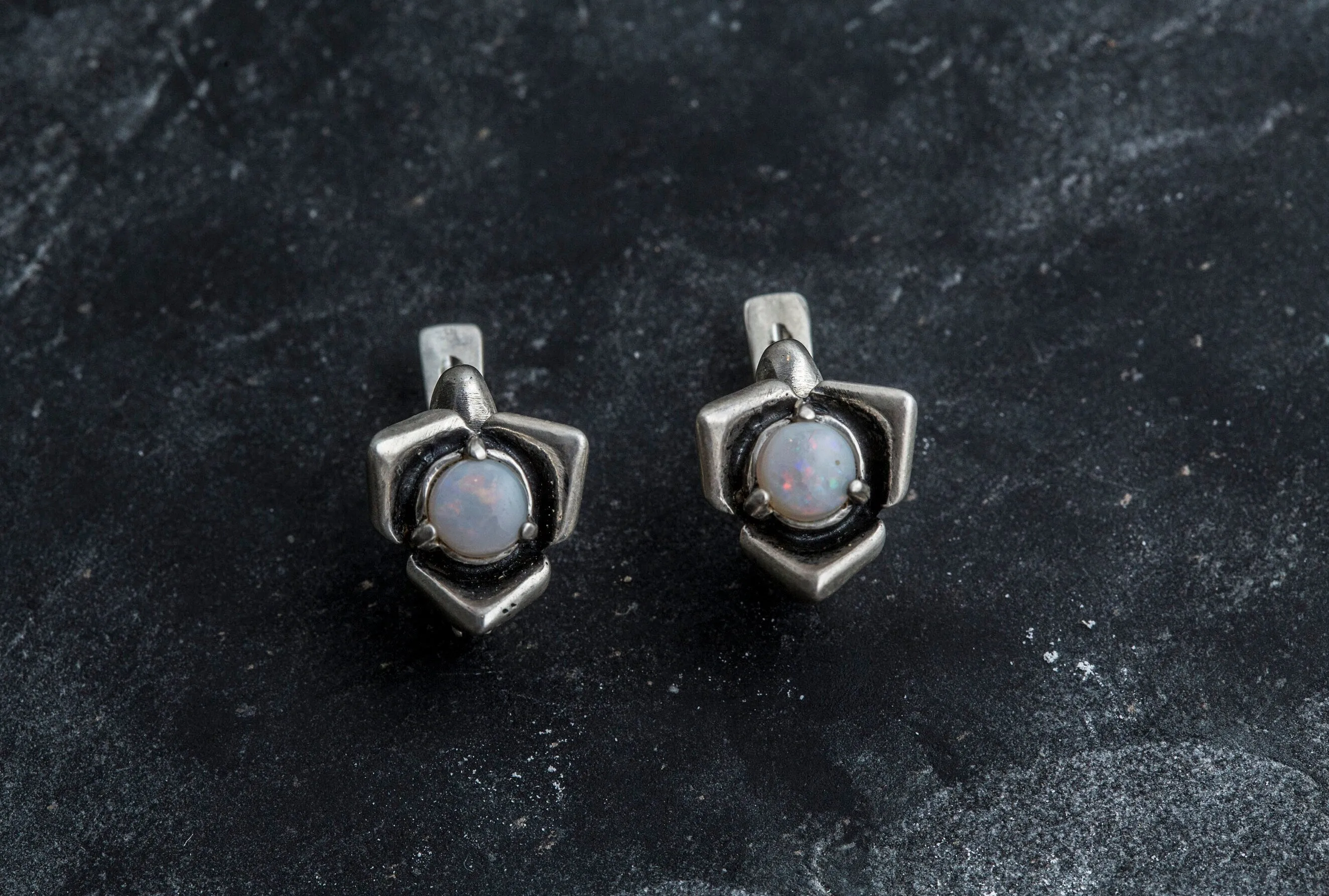 Opal Dainty Earrings - Flower Silver Studs - Rose Opal Earrings