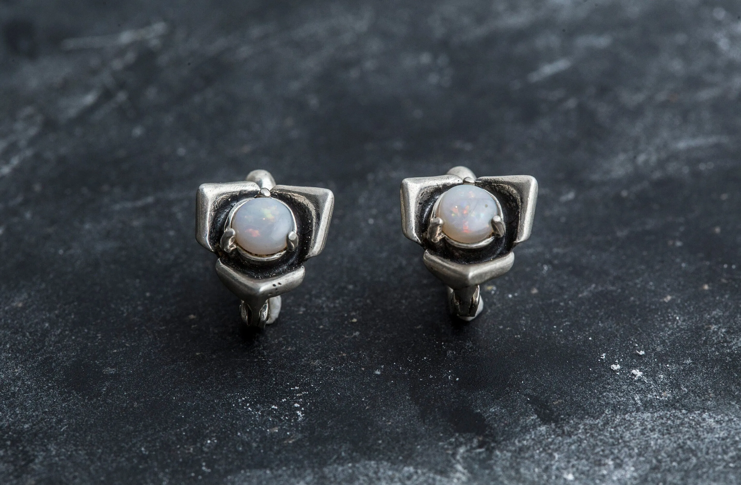 Opal Dainty Earrings - Flower Silver Studs - Rose Opal Earrings