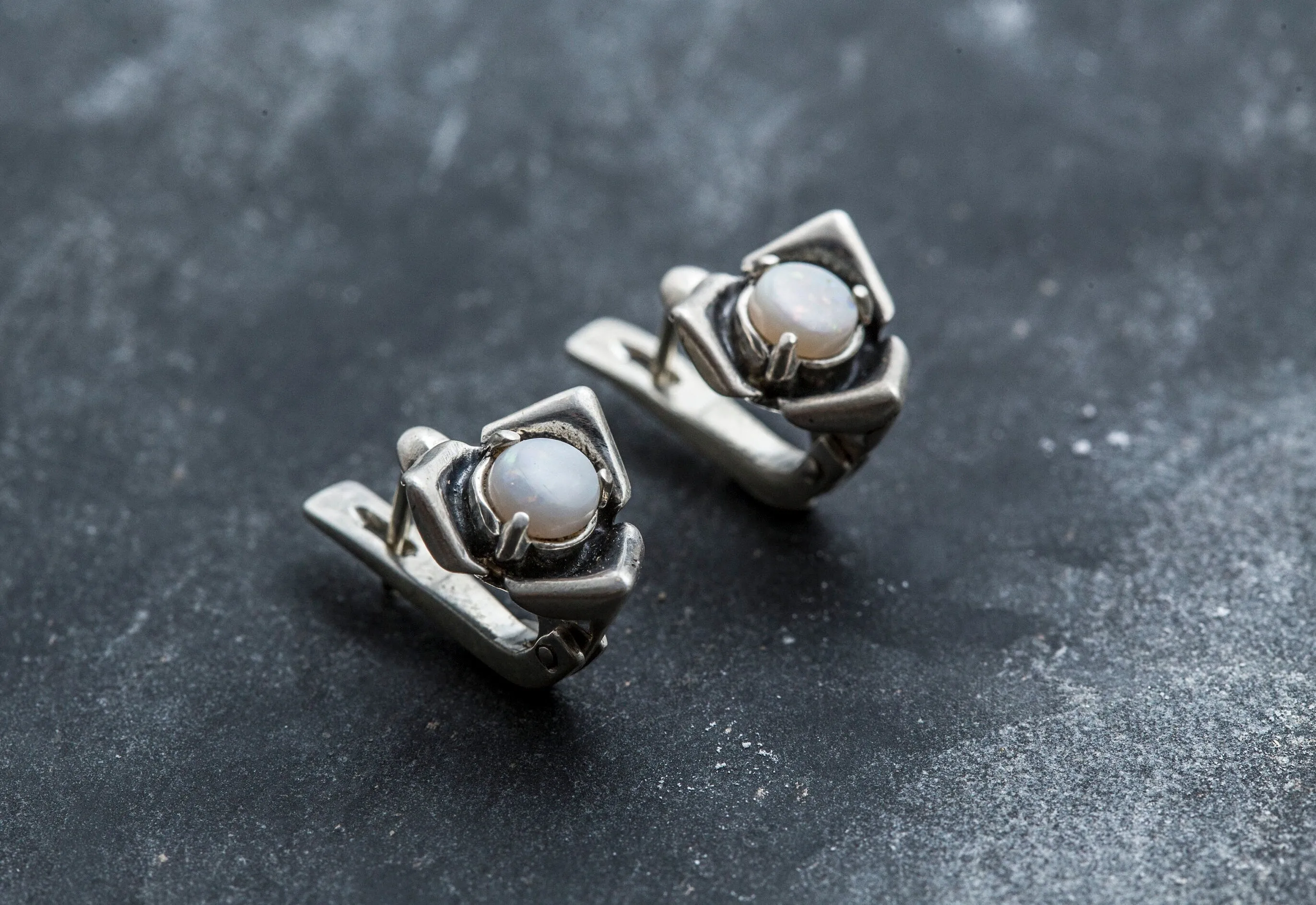Opal Dainty Earrings - Flower Silver Studs - Rose Opal Earrings