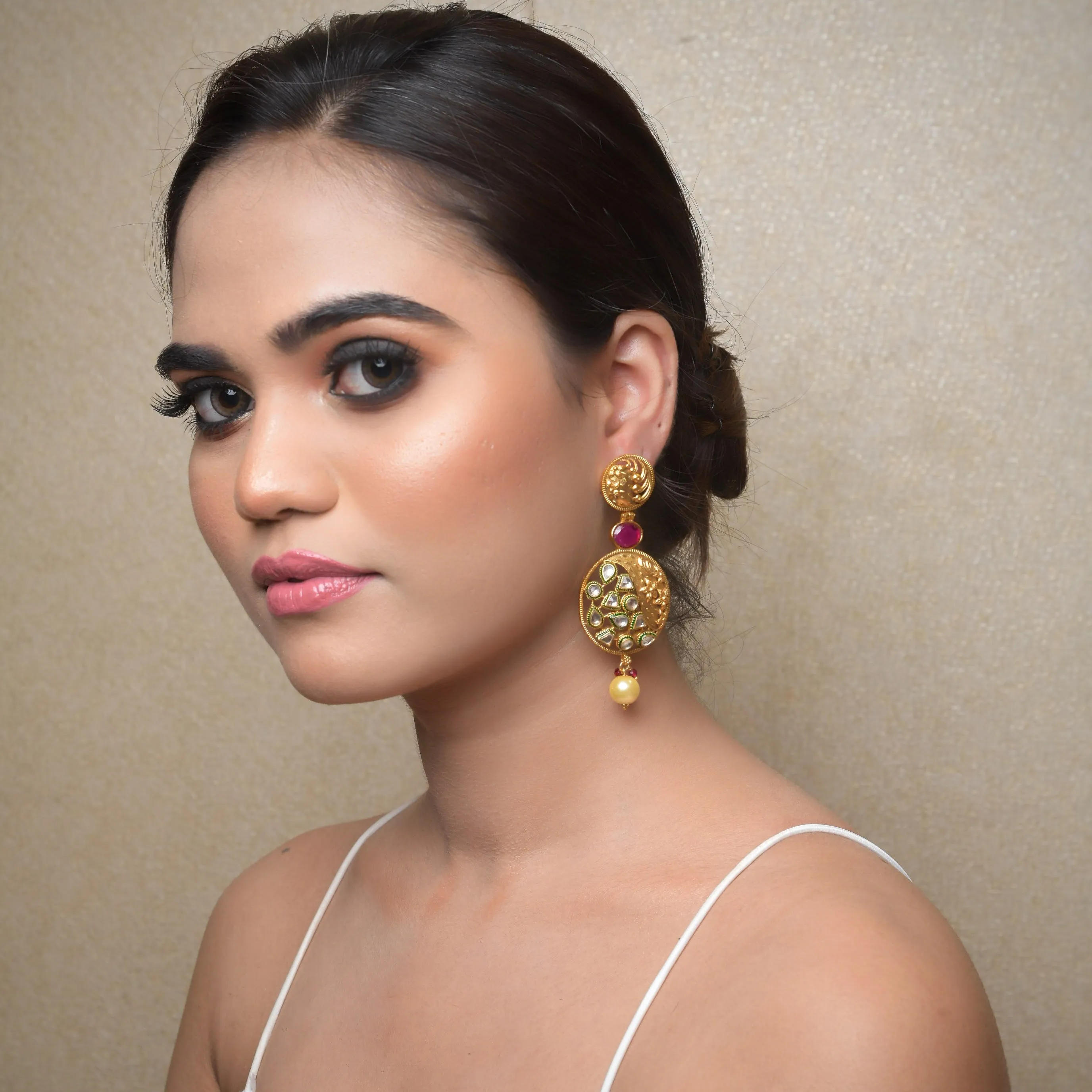 Ruby Color Antique Gold Plated Earring 4480-8545