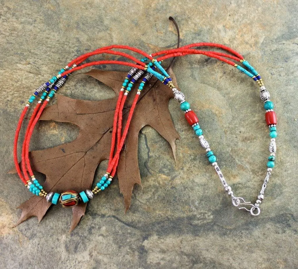 Simple 3 Strand Tibetan Vintage Bead Necklace