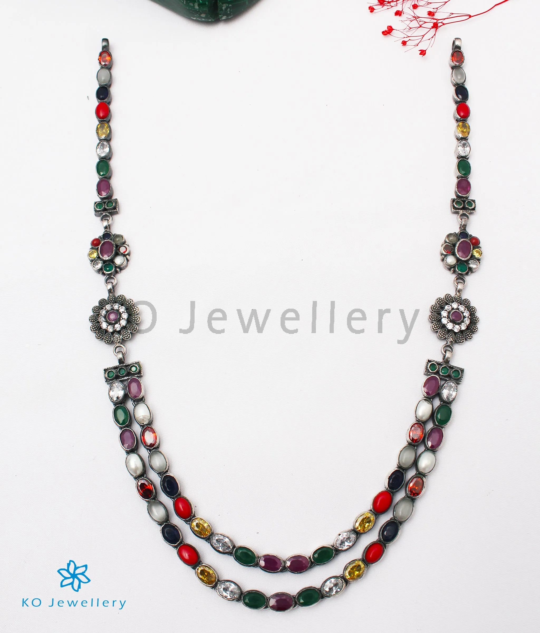 The Emaya Silver Navaratna Necklace(2 Layers/Oxidised)