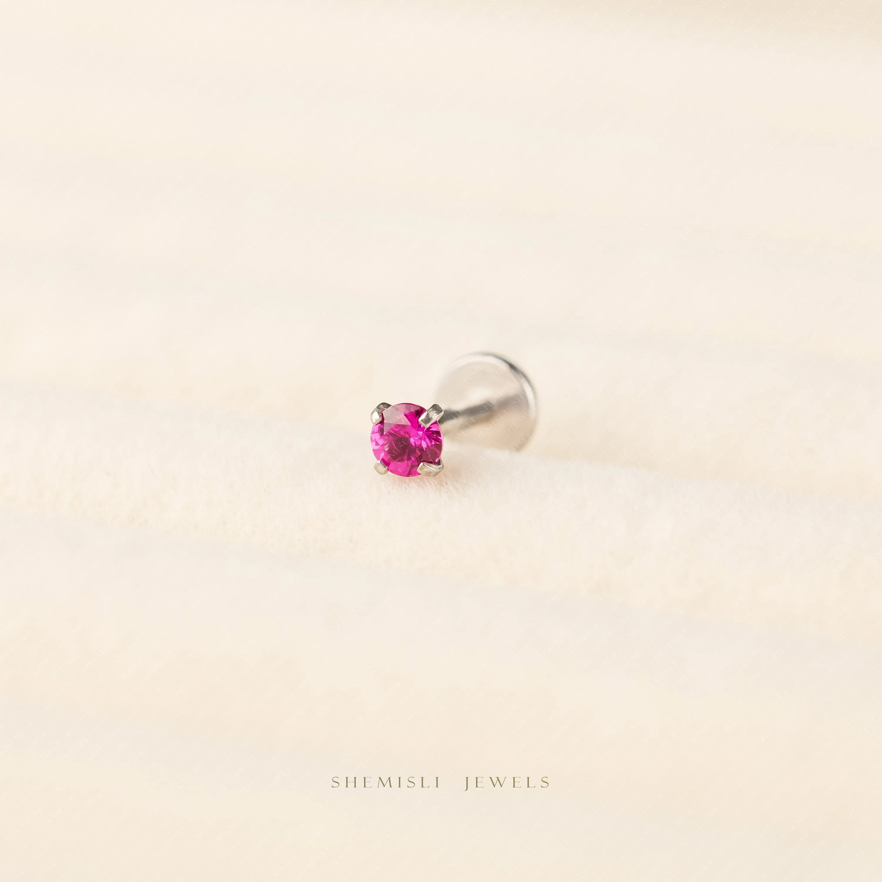 Tiny Ruby Threadless Flat Back Lip Labret Stud, 18,16ga, 6-10mm, July Birthstone, Unisex, Surgical Steel SHEMISLI SS615