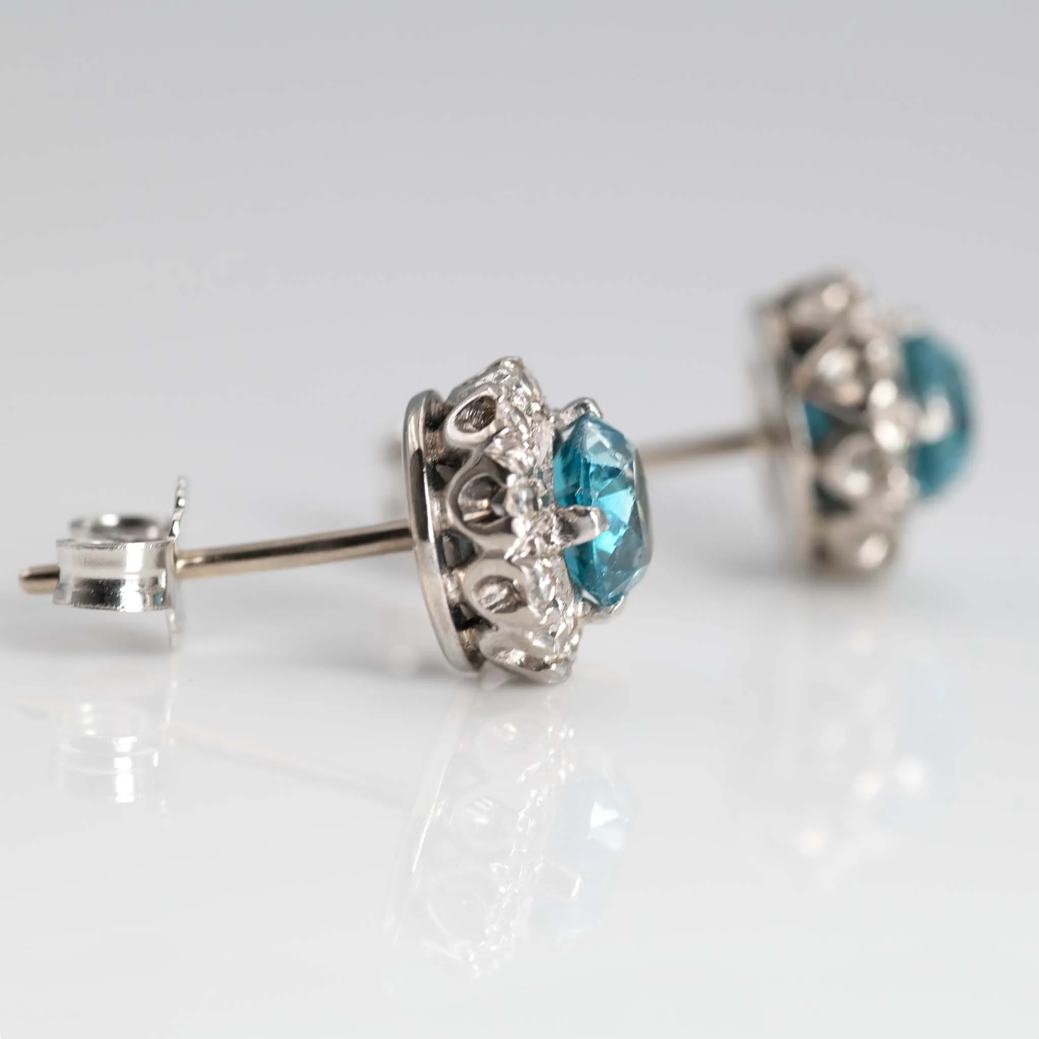 Vintage 1940's Platinum Blue Zircon and Diamond Cluster Earrings