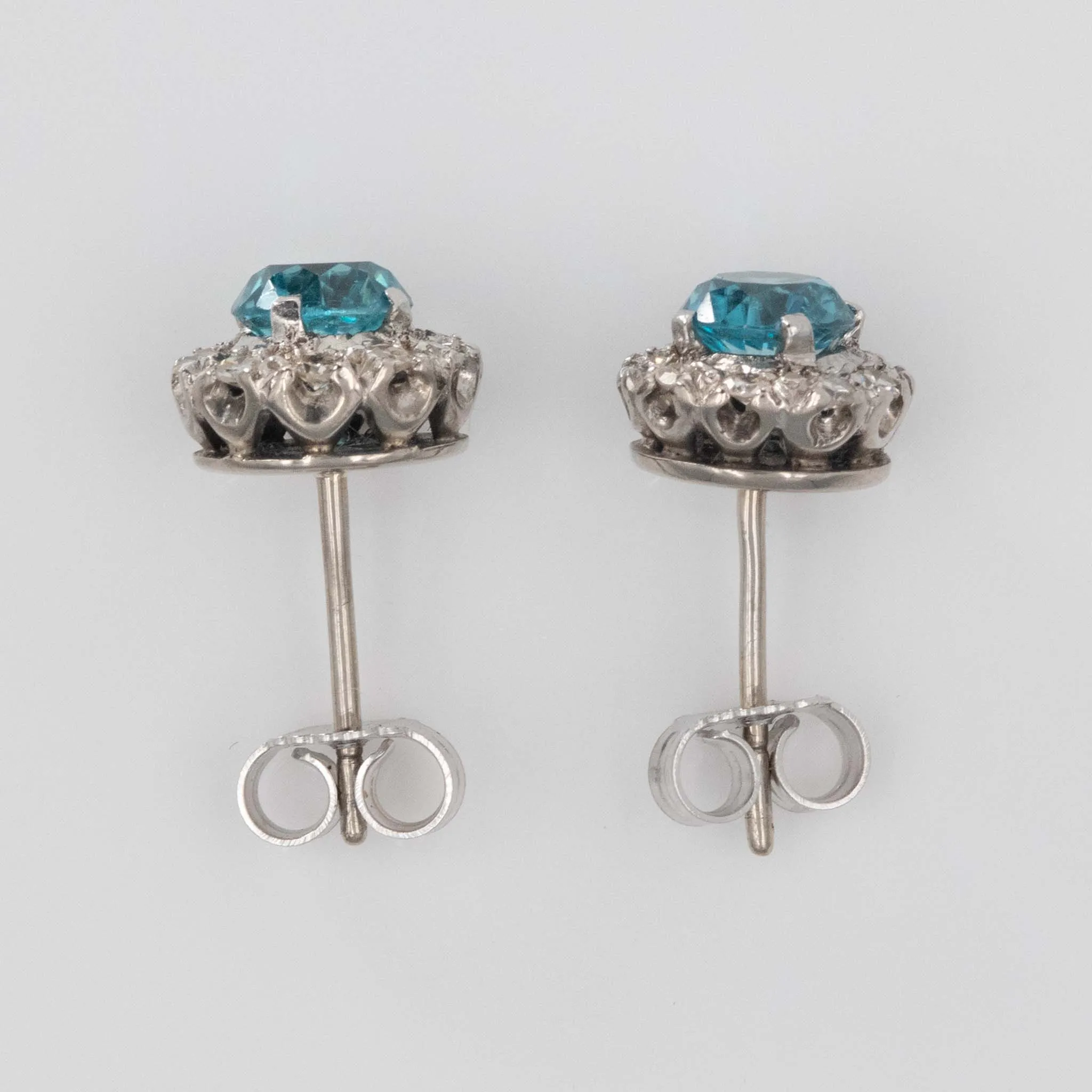 Vintage 1940's Platinum Blue Zircon and Diamond Cluster Earrings