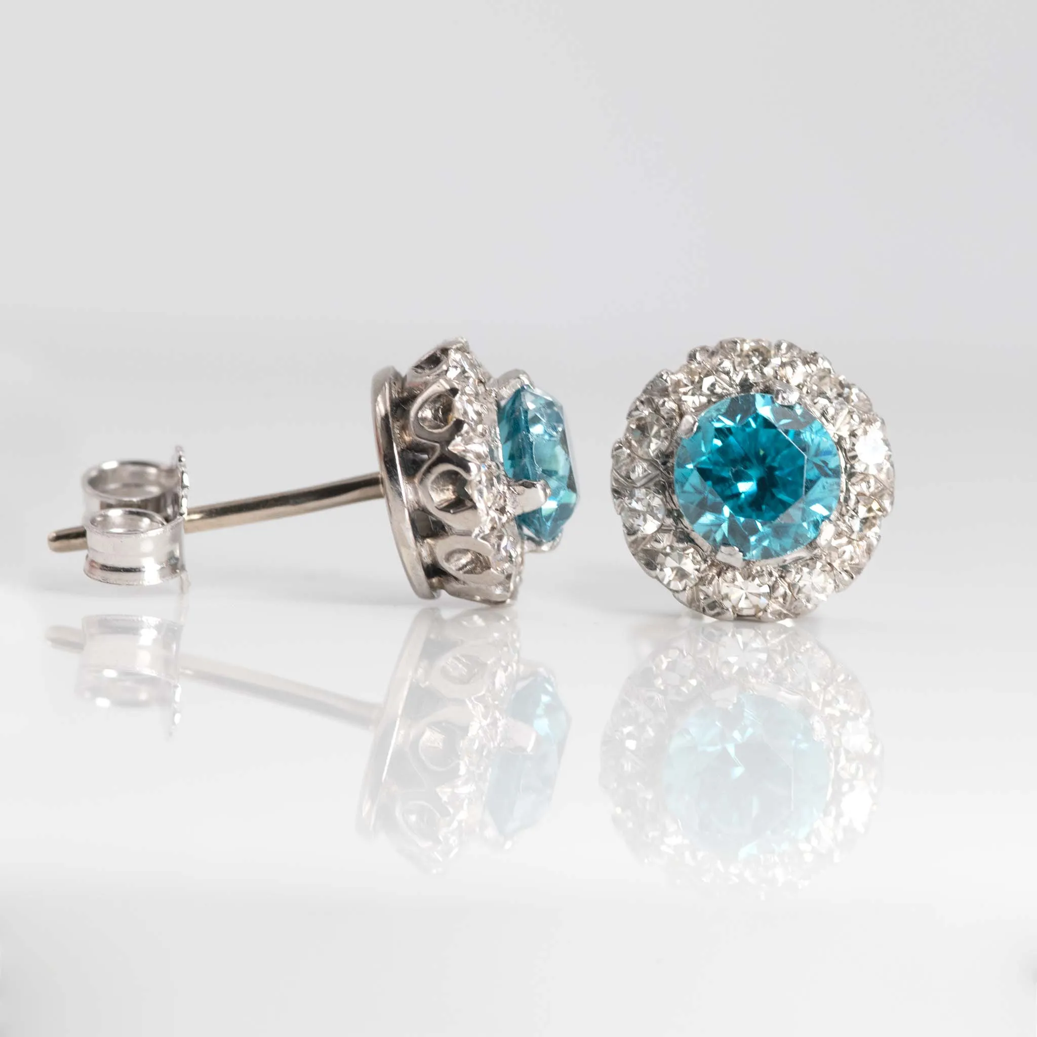 Vintage 1940's Platinum Blue Zircon and Diamond Cluster Earrings