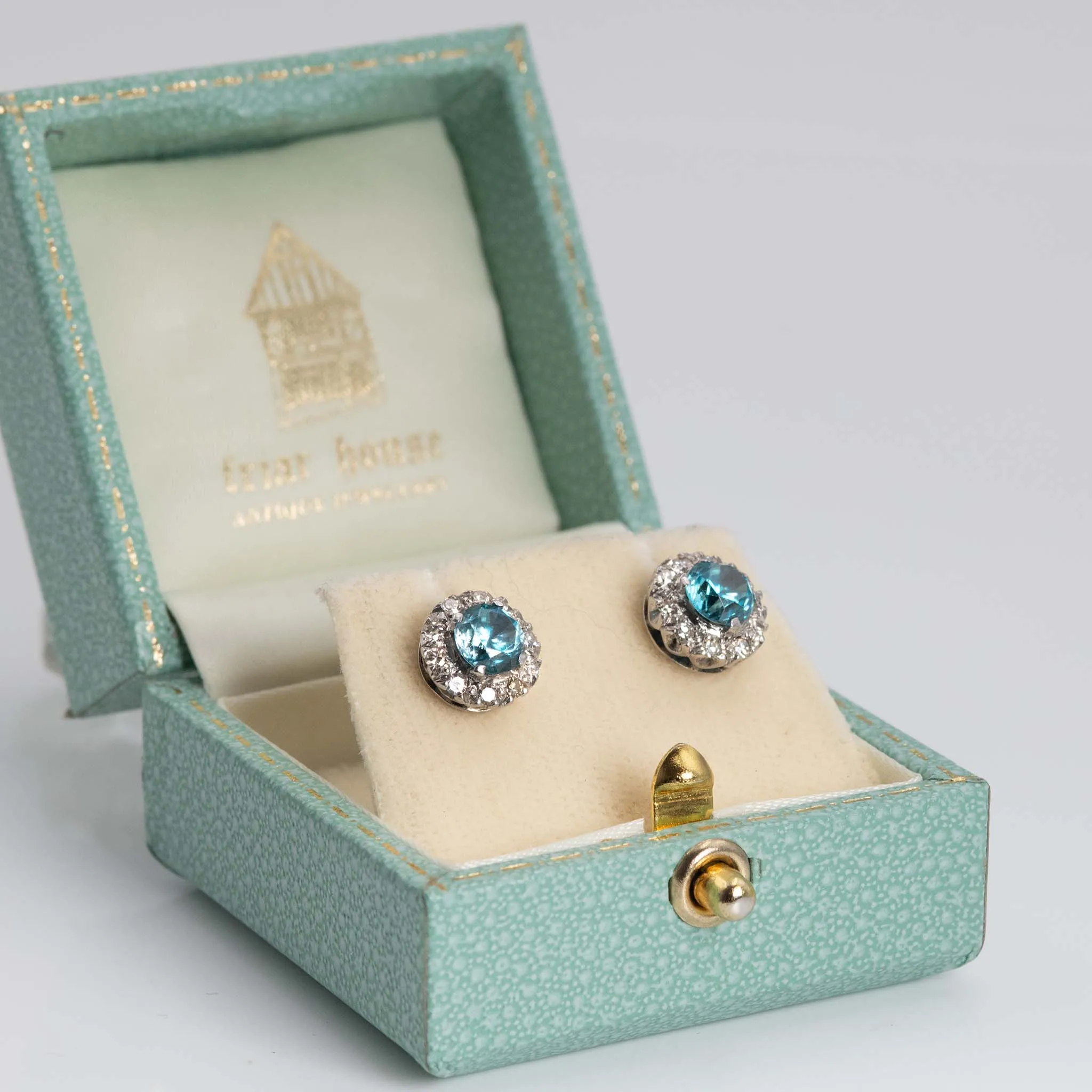 Vintage 1940's Platinum Blue Zircon and Diamond Cluster Earrings